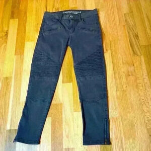 American Eagle Moto Jegging Jeans Gray Sateen Ankle Zips Stretch Women’s Size 0